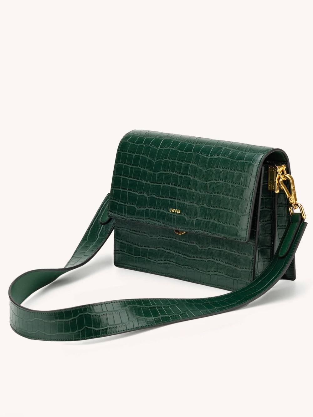 JW PEI Dark Green Croc-Embossed Crossbody Bag with Gold Hardware